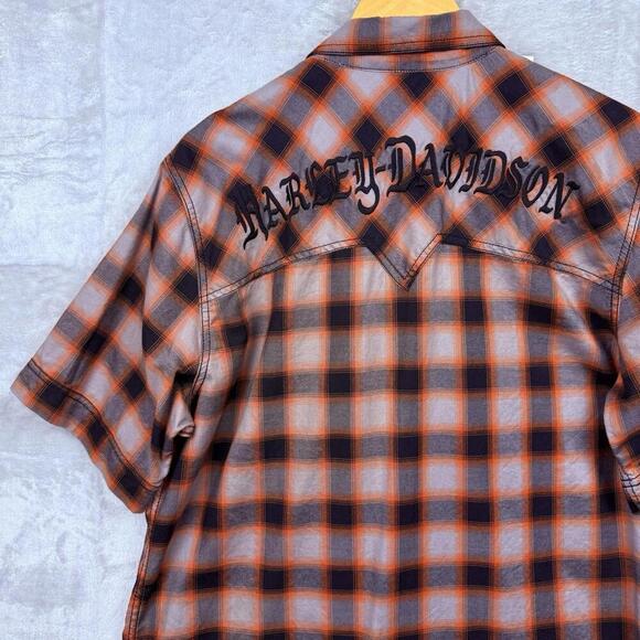Harley-Davidson Red Black Plaid Men Shirt L Short Sleeve HD Motorcycles Western - Picture 6 of 10